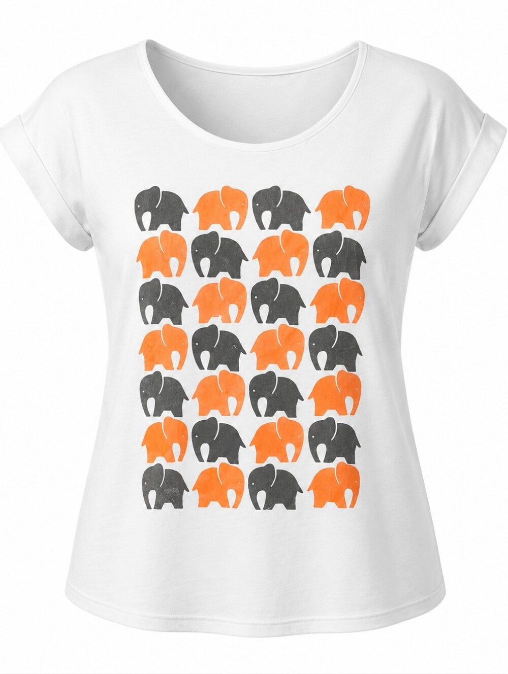 White Elephant Graphic T-Shirt Women’s Small Orange Black Animal Print Casual